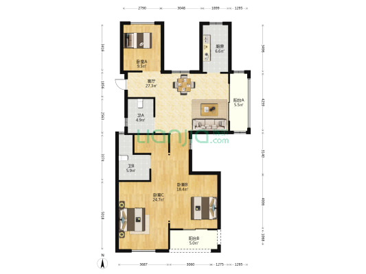 明华名港城二期 3室1厅2卫 135平方