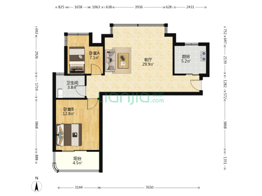 嘉城国际花园 2室1厅1卫 74平方