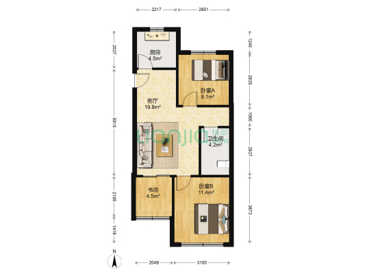 海枫雅居 3室1厅1卫 74平方