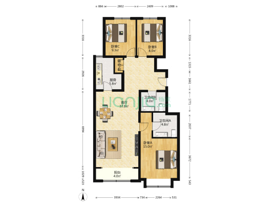未来城市 3室1厅2卫 128平方