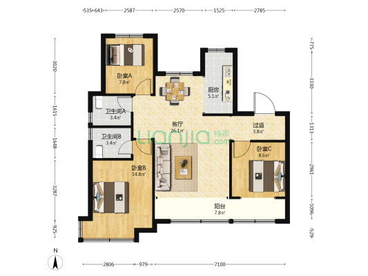 腾跃云境 3室1厅2卫 119平方