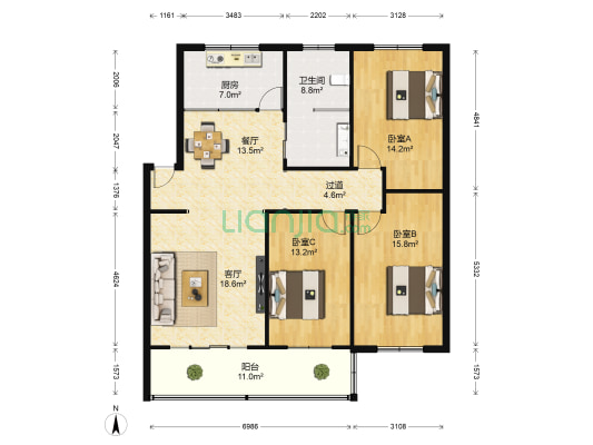 宇林苑 3室2厅1卫 128平方