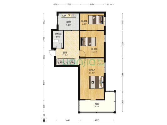 人民东路81号 3室1厅1卫 60平方