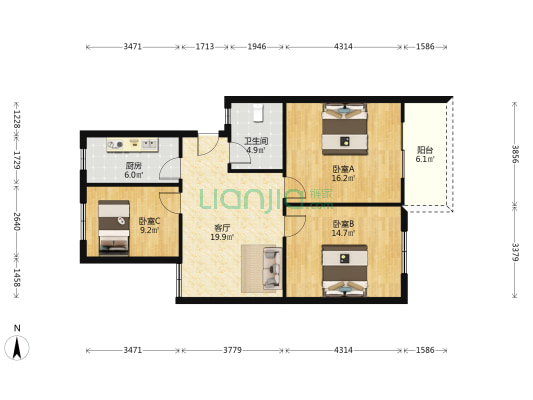紫光花园 3室1厅1卫 92平方