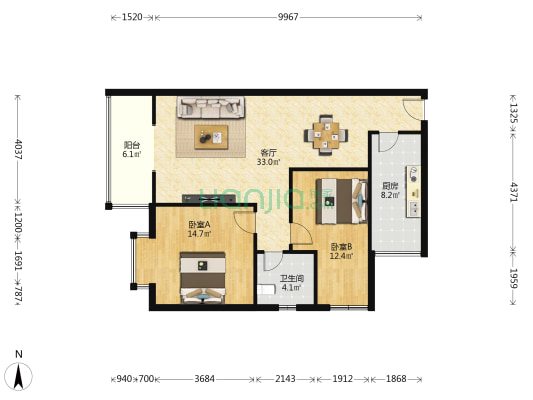 紫润花园 2室1厅1卫 90平方