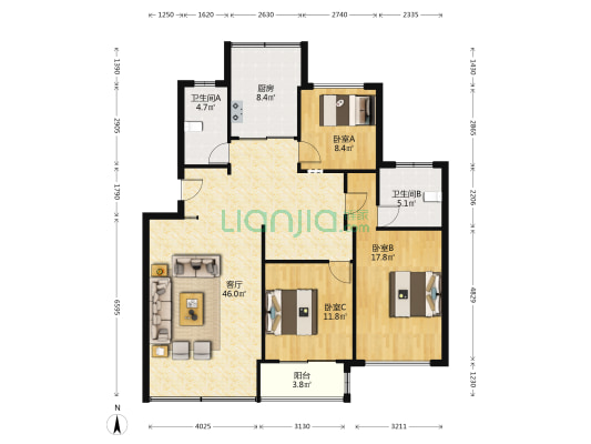 百丈苑 3室1厅2卫 121平方