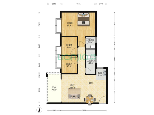 城市绿兴 3室1厅2卫 87平方