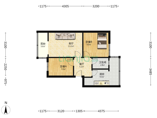 永顺里 2室2厅1卫 56平方