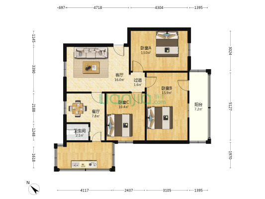 电信宿舍 3室2厅1卫 77平方