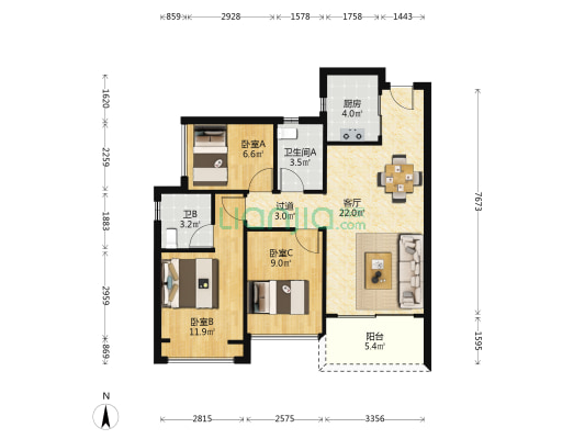 金茂公园里 3室1厅2卫 89平方