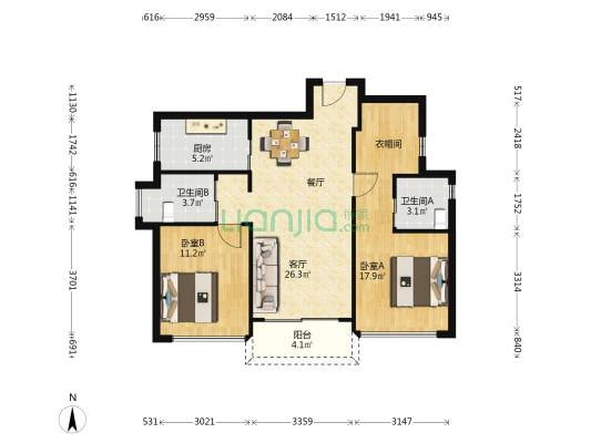 合正置地公馆 2室1厅2卫 94平方
