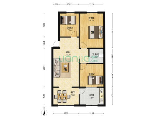 区医院宿舍七号楼 3室2厅1卫 90平方