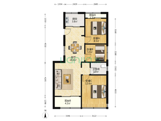 云上金铭府 3室1厅1卫 88平方