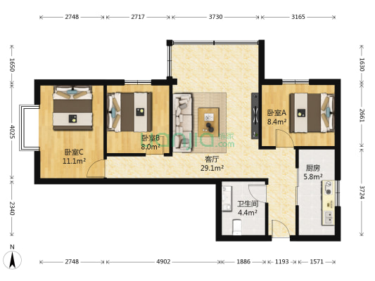 宝丰紫金城 3室1厅1卫 86平方