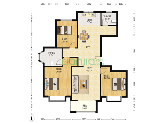 恒达阳光城锦园 3室1厅2卫 136平方