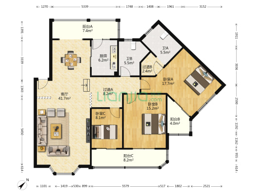 四季景园 3室1厅2卫 149平方