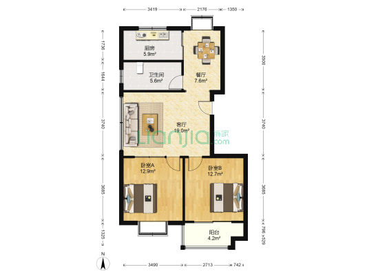 金宝生态花园 2室2厅1卫 91平方