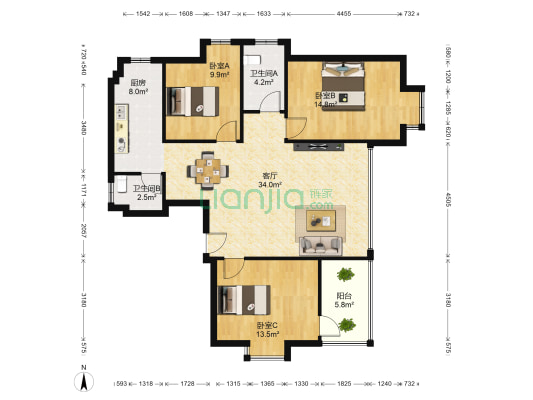 汇金国际城上城 3室1厅2卫 123平方