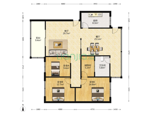 出租车管理家属区 3室2厅1卫 130平方