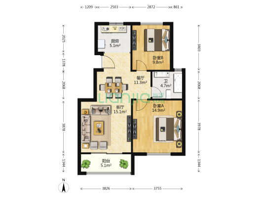 汇智嘉园 2室2厅1卫 88平方