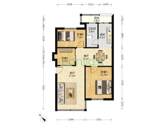 深中街 3室2厅1卫 70平方