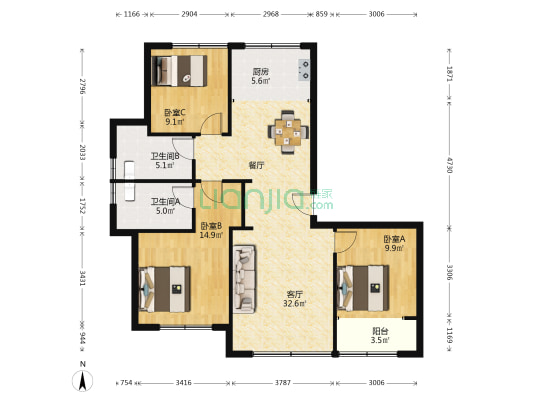 绿城海棠印月南区 3室1厅2卫 128平方
