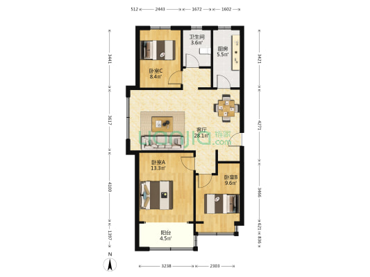 淮海东城御景北区 3室1厅1卫 108平方