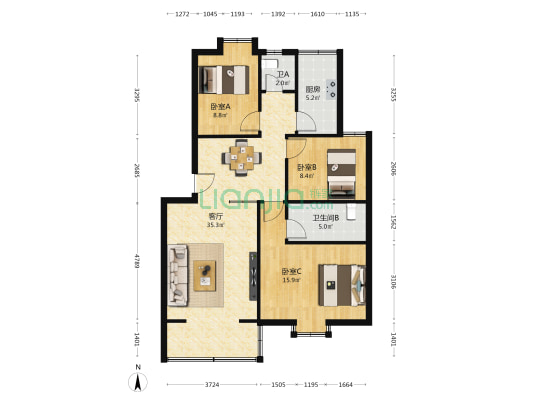 物资小区住宅楼 3室1厅2卫 98平方