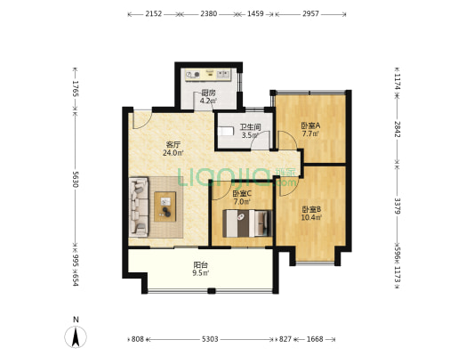 翡丽东方 3室1厅1卫 94平方