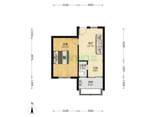 砖牌坊街2号 1室1厅1卫 45平方