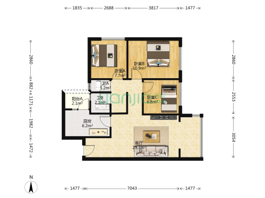 万科金域缇香二期 3室1厅2卫 78平方