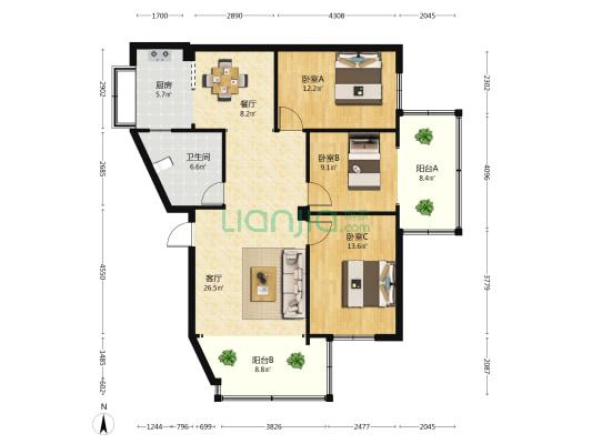 欣龙花园 3室2厅1卫 113平方
