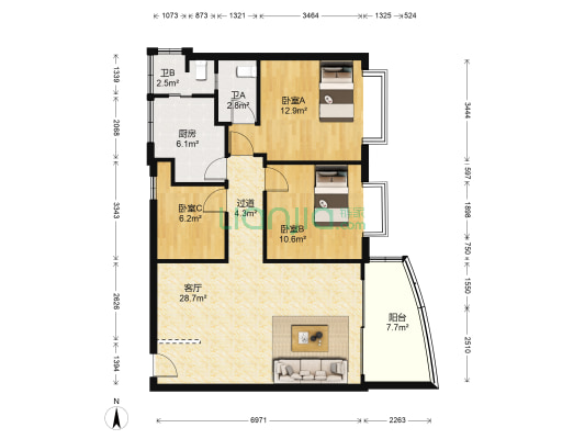 艾佳沁园 3室1厅2卫 89平方