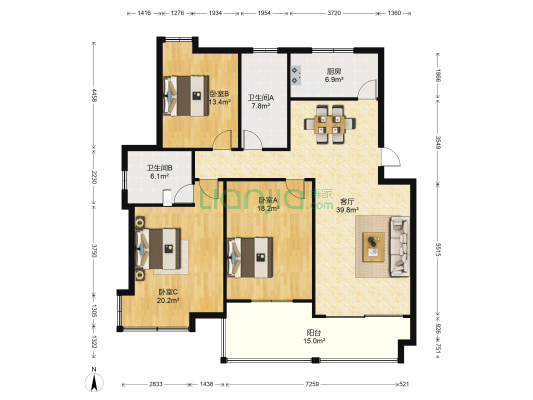 临江绿苑 3室1厅2卫 131平方