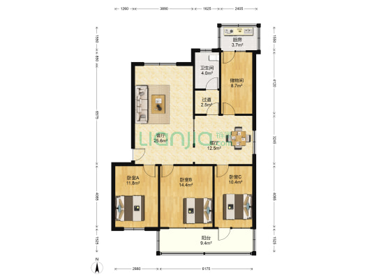 文明小区 3室2厅1卫 128平方