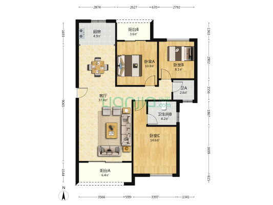 金洲新城 3室1厅2卫 119平方