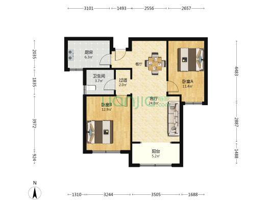 高创水岸蓝湾 2室1厅1卫 98平方