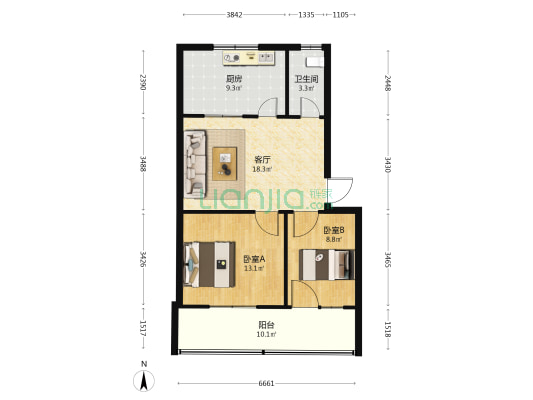 工业供销社宿舍 2室1厅1卫 68平方