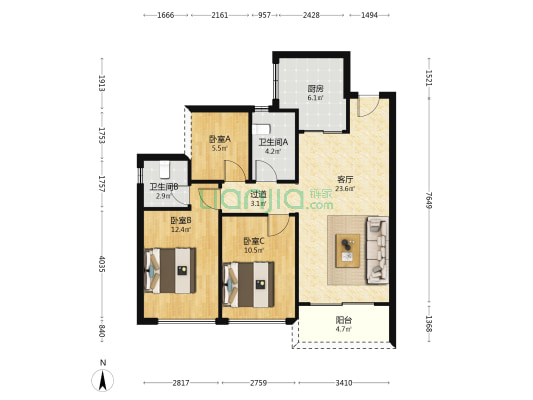 中建映湖万黛 3室1厅2卫 89平方