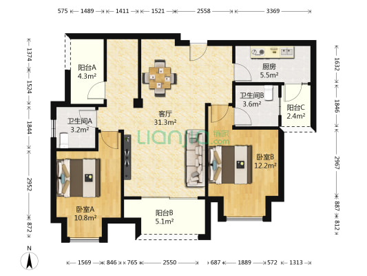 时代国际 2室1厅2卫 94平方