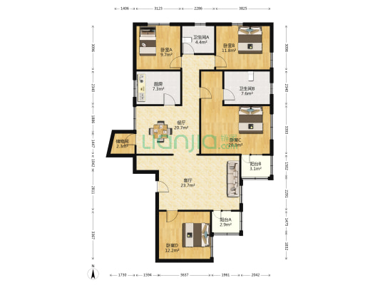 君怡公寓 4室2厅2卫 161平方
