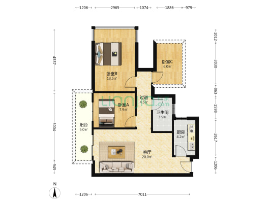 荣和观江墅 3室1厅1卫 75平方