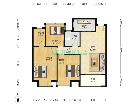 九筑名邸 3室1厅1卫 105平方