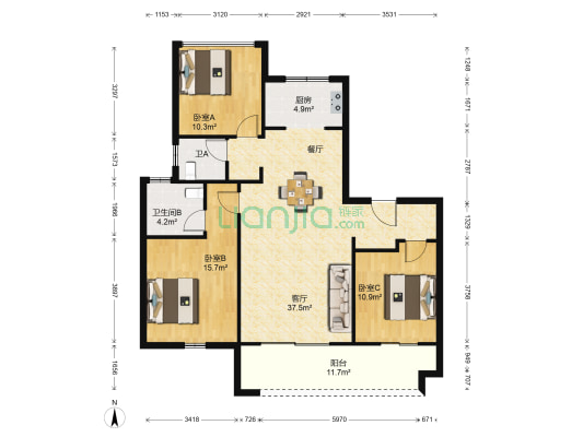 枫丹悦园 3室1厅2卫 116平方