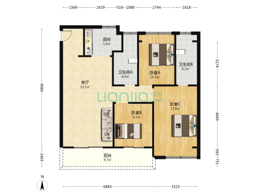 绿地敔光雅苑南区 3室1厅2卫 129平方