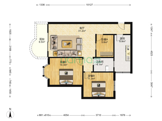 远林二街5号 3室1厅1卫 91平方