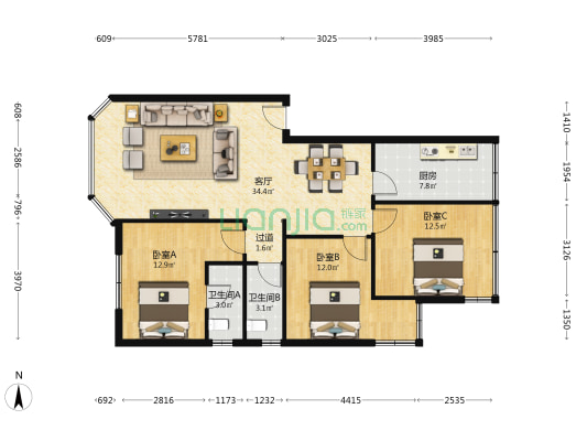 贵开花园 3室1厅2卫 104平方