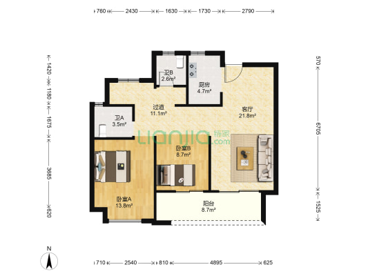 锦山府二期 2室1厅2卫 97平方