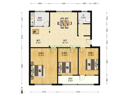 明珠南区 3室2厅1卫 127平方