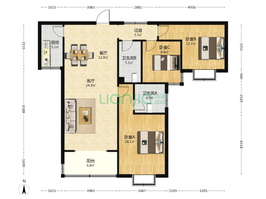 东方萬博園 3室2厅2卫 140平方